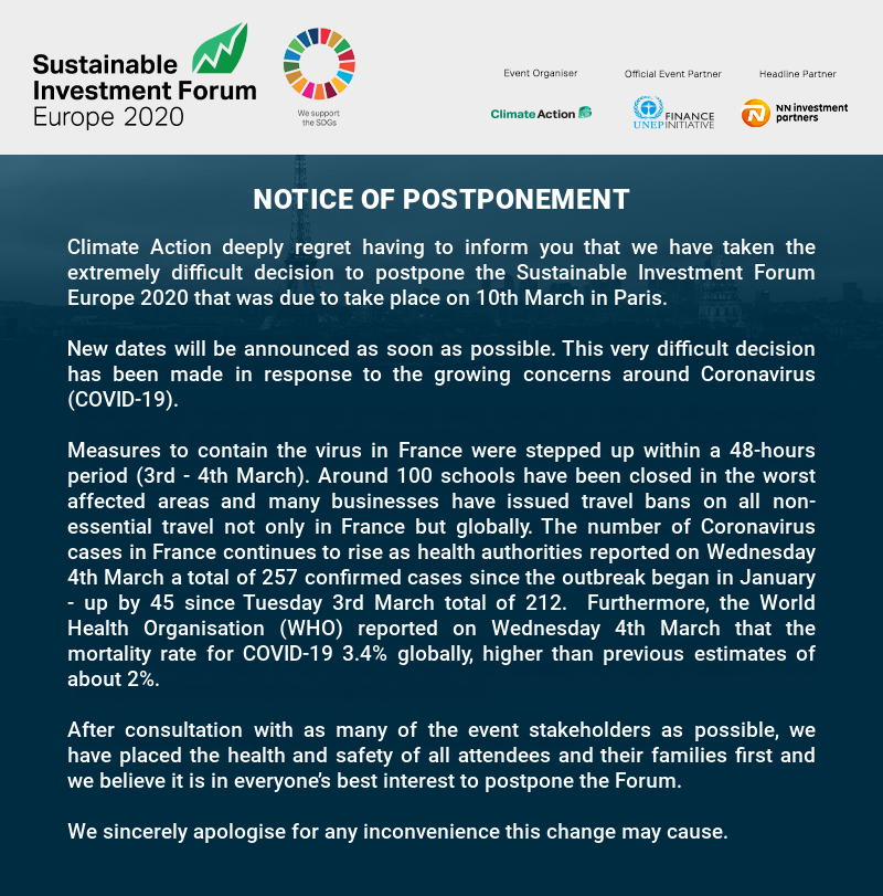 Sustainable Investment Forum Europe 2020- VERSCHOBEN!