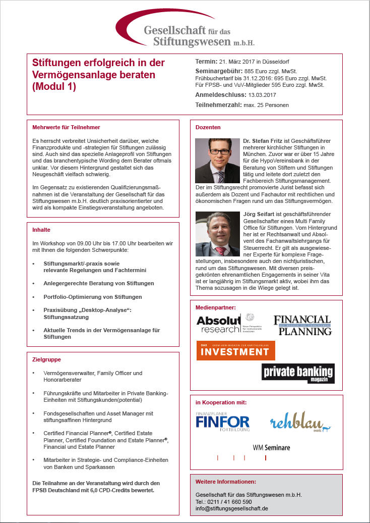 Seminarreihe: Stiftungen erfolgreich in der Vermögensanlage beraten (Modul 1)