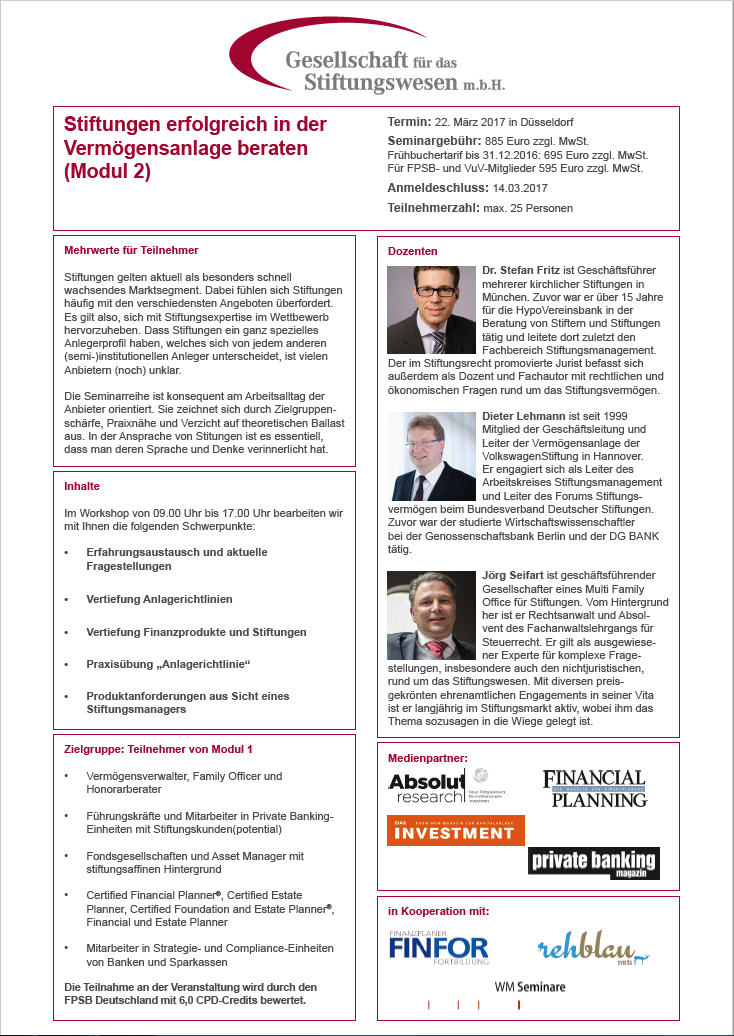 Seminarreihe: Stiftungen erfolgreich in der Vermögensanlage beraten (Modul 2)
